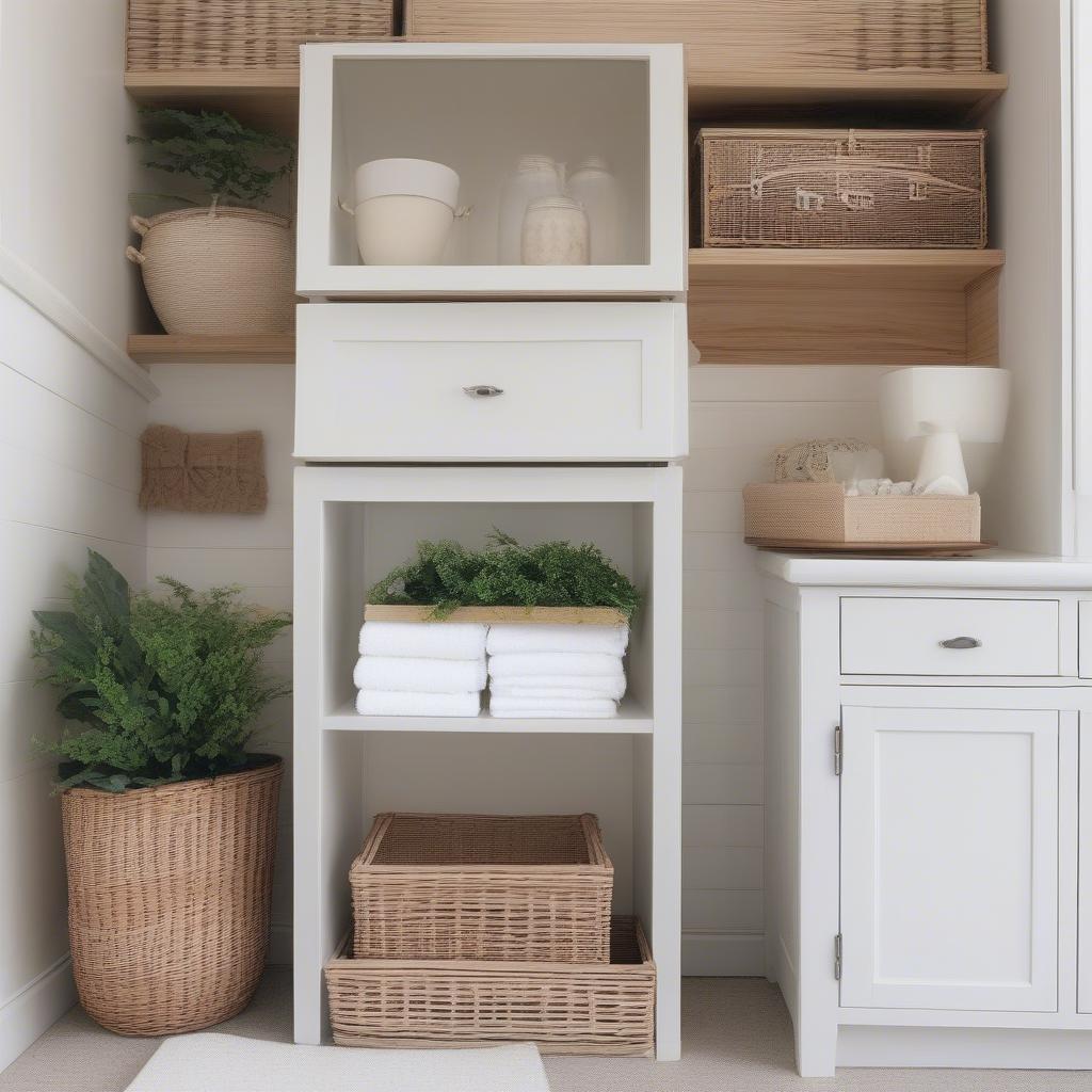 Decorating ideas for white wicker cabinets in the bathroom