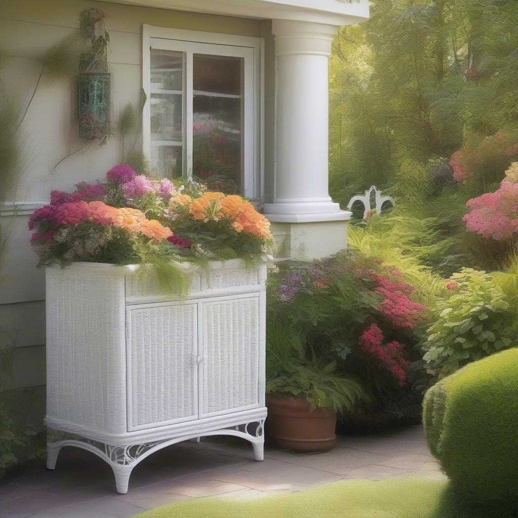 A white wicker cabinet in a garden setting, surrounded by flowers and greenery.