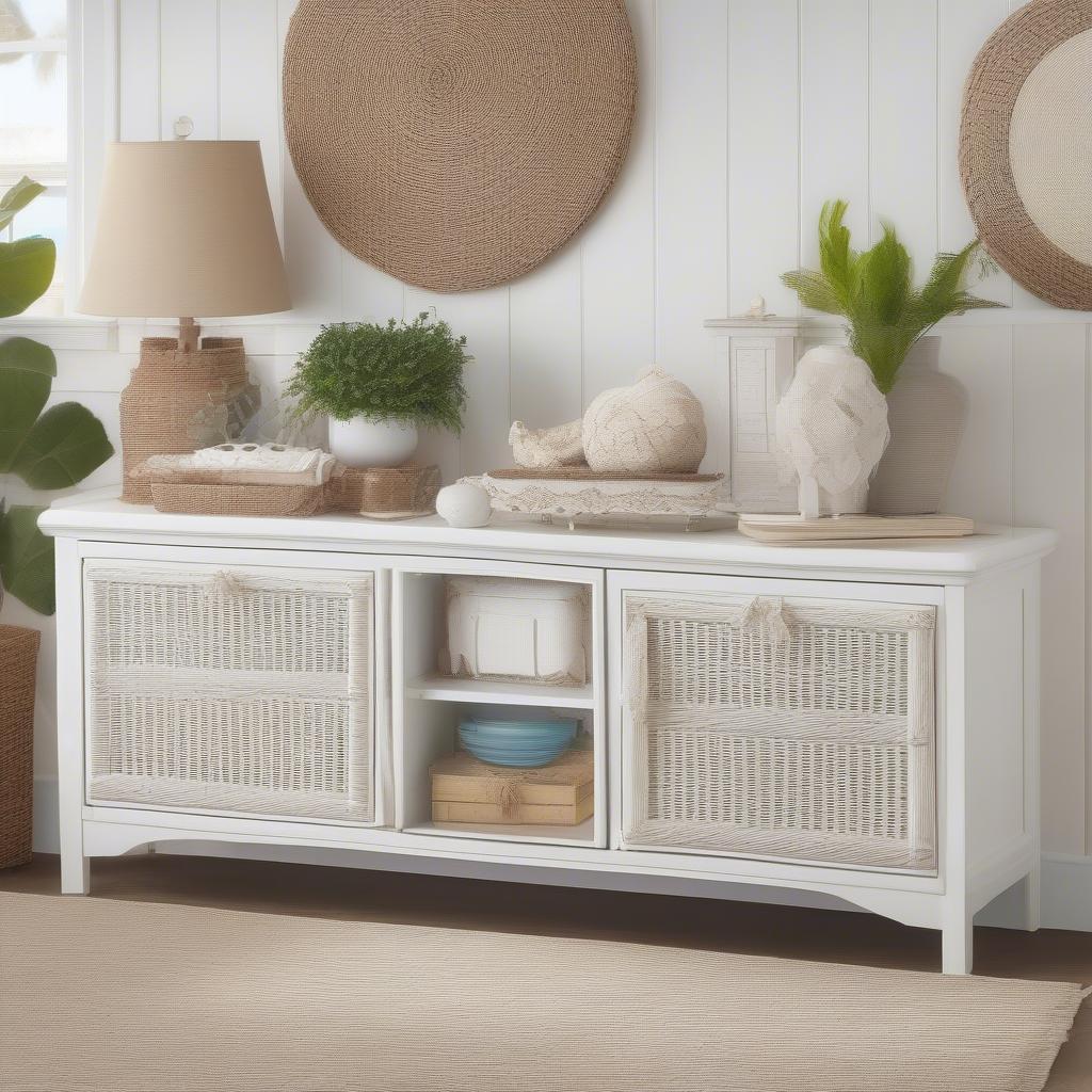 White Wicker Cabinet in a Coastal Living Room