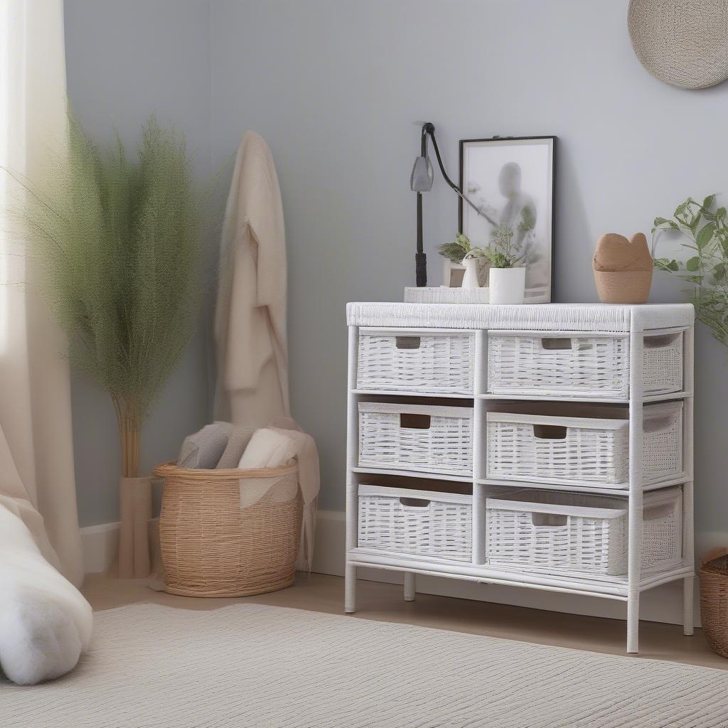 White Wicker Cabinet in Various Room Settings