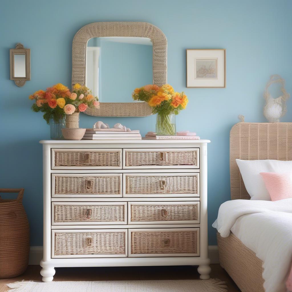 A white wicker chest used as a dresser in a bedroom, showcasing its versatility and stylish appeal.