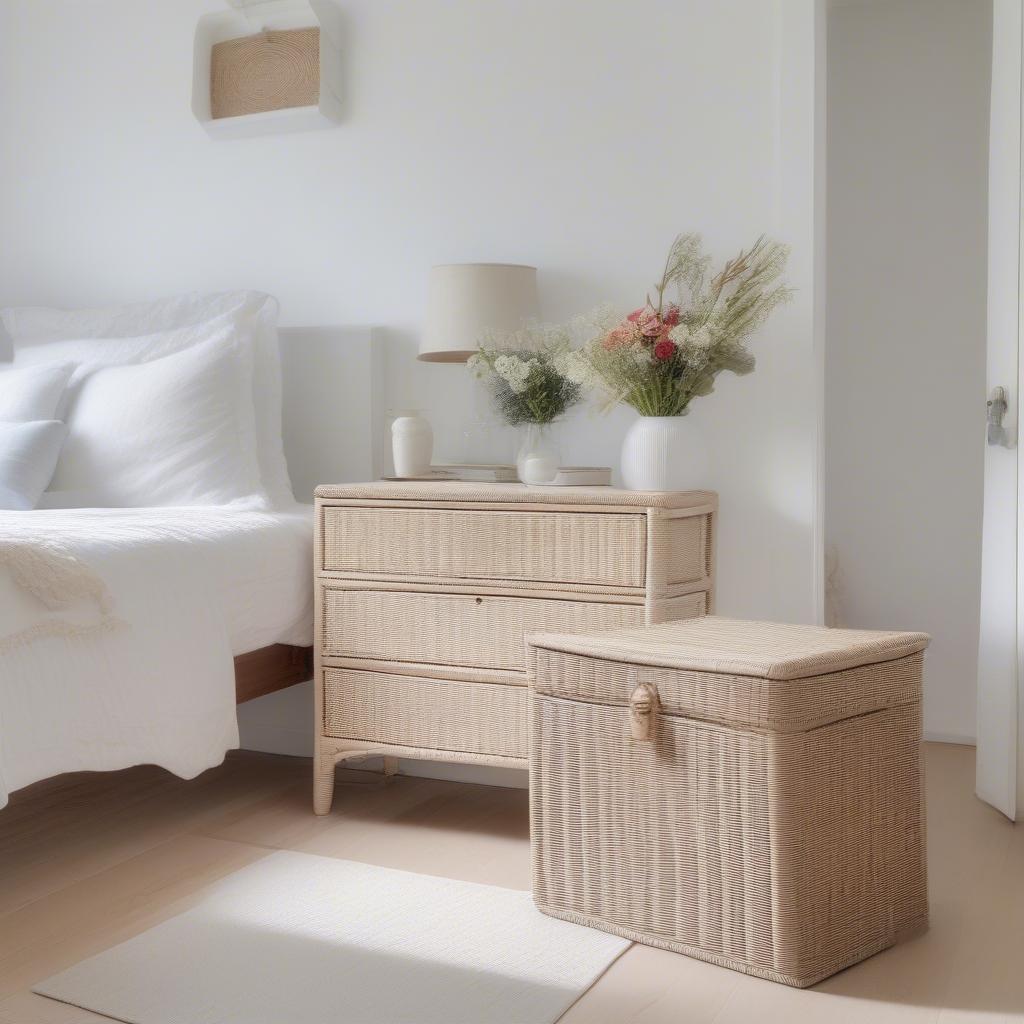 White wicker chest in a bedroom setting