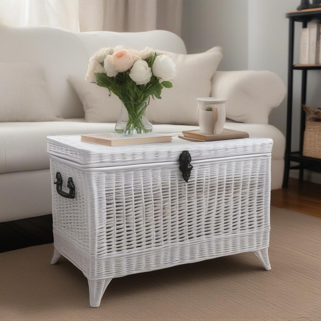 Styling a White Wicker Chest in a Living Room