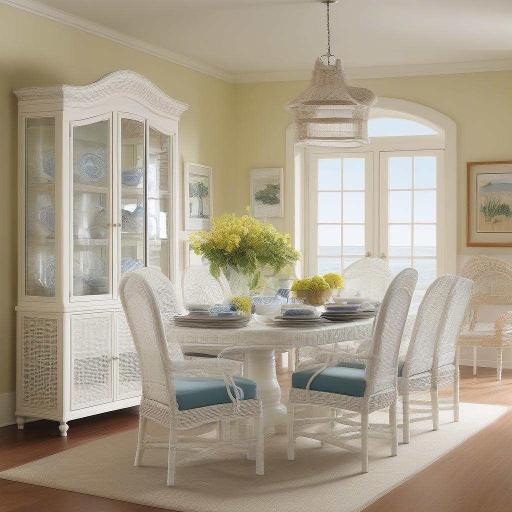 White wicker china cabinet in a bright dining room setting, showcasing its elegance and storage capacity.