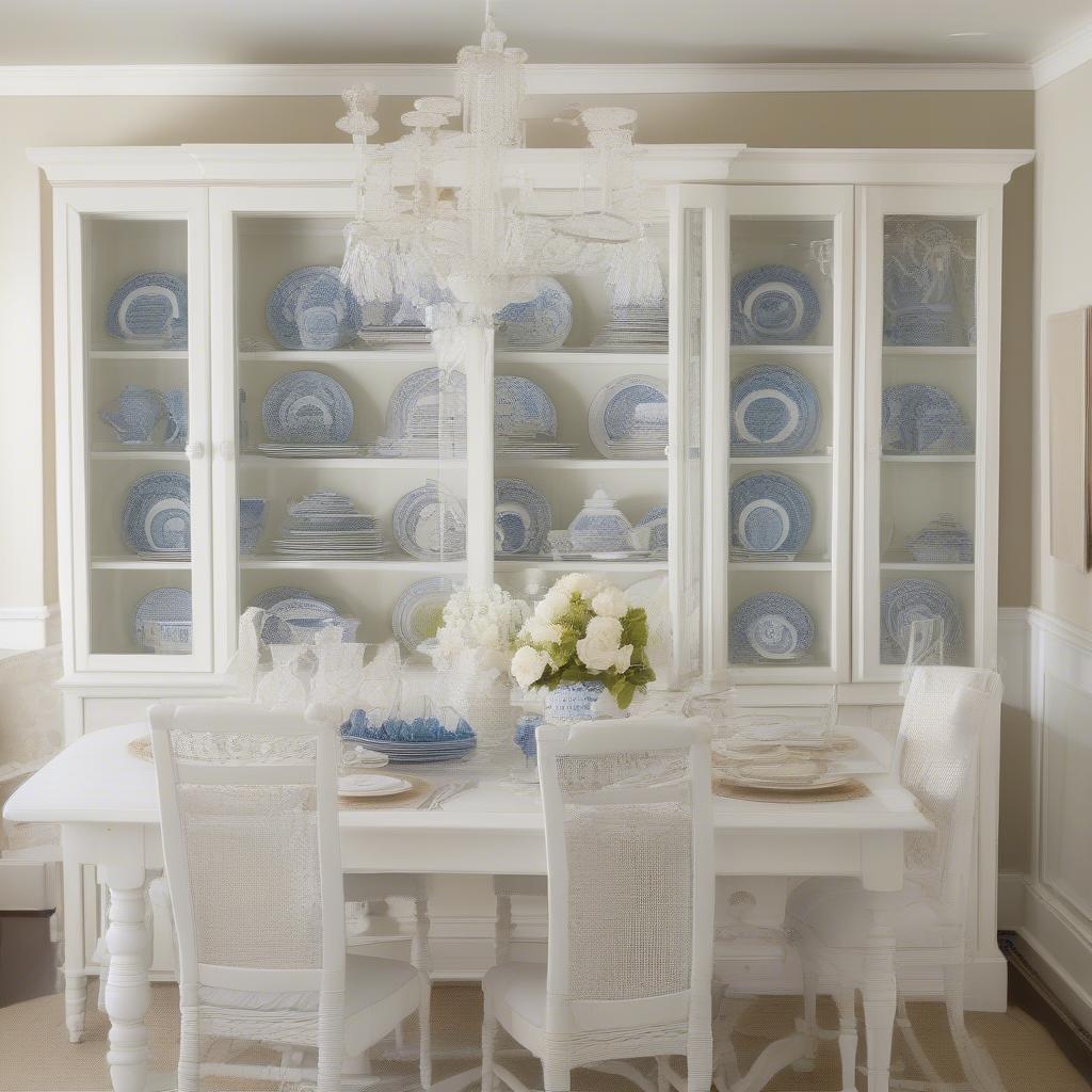 A beautifully styled white wicker china cabinet showcasing china, glassware, and decorative items.