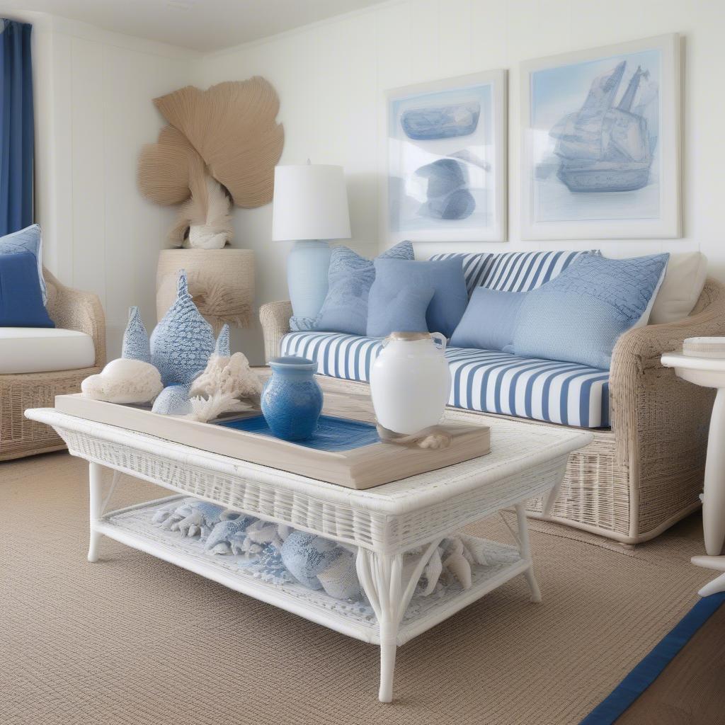 White wicker coffee table in a coastal-themed living room