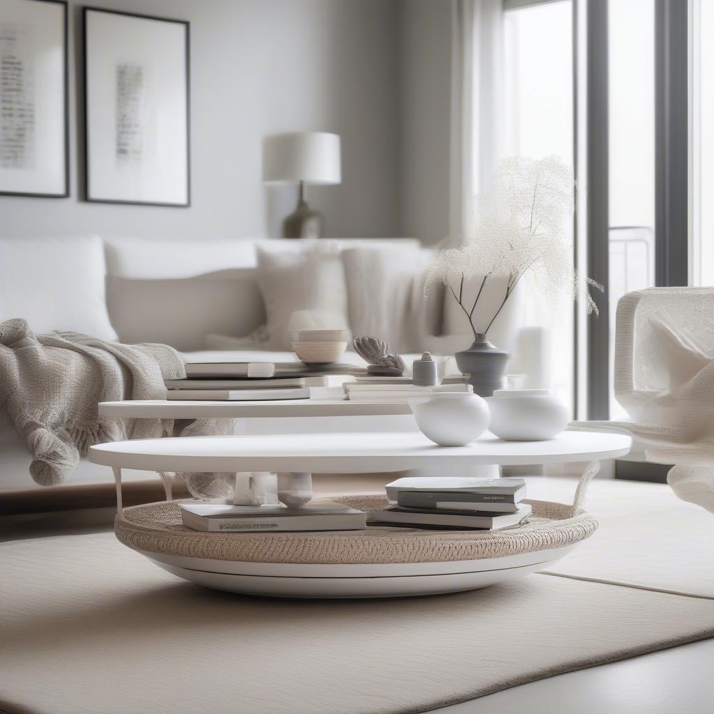 White wicker coffee table in a modern living room