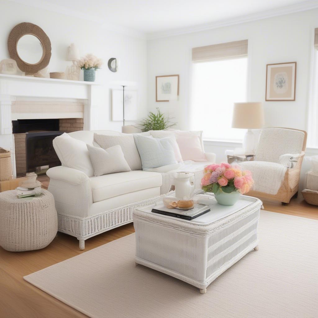 White wicker coffee table with storage in a bright living room