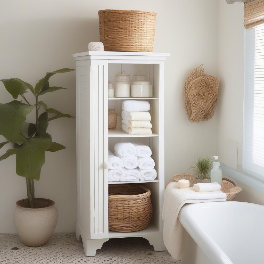 White wicker corner cabinet in a bathroom setting