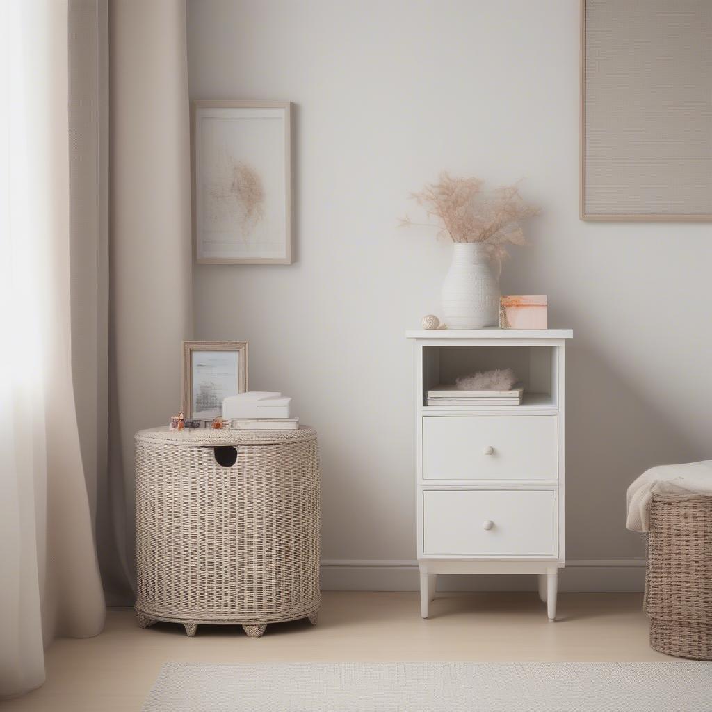 White wicker corner cabinet in a bedroom