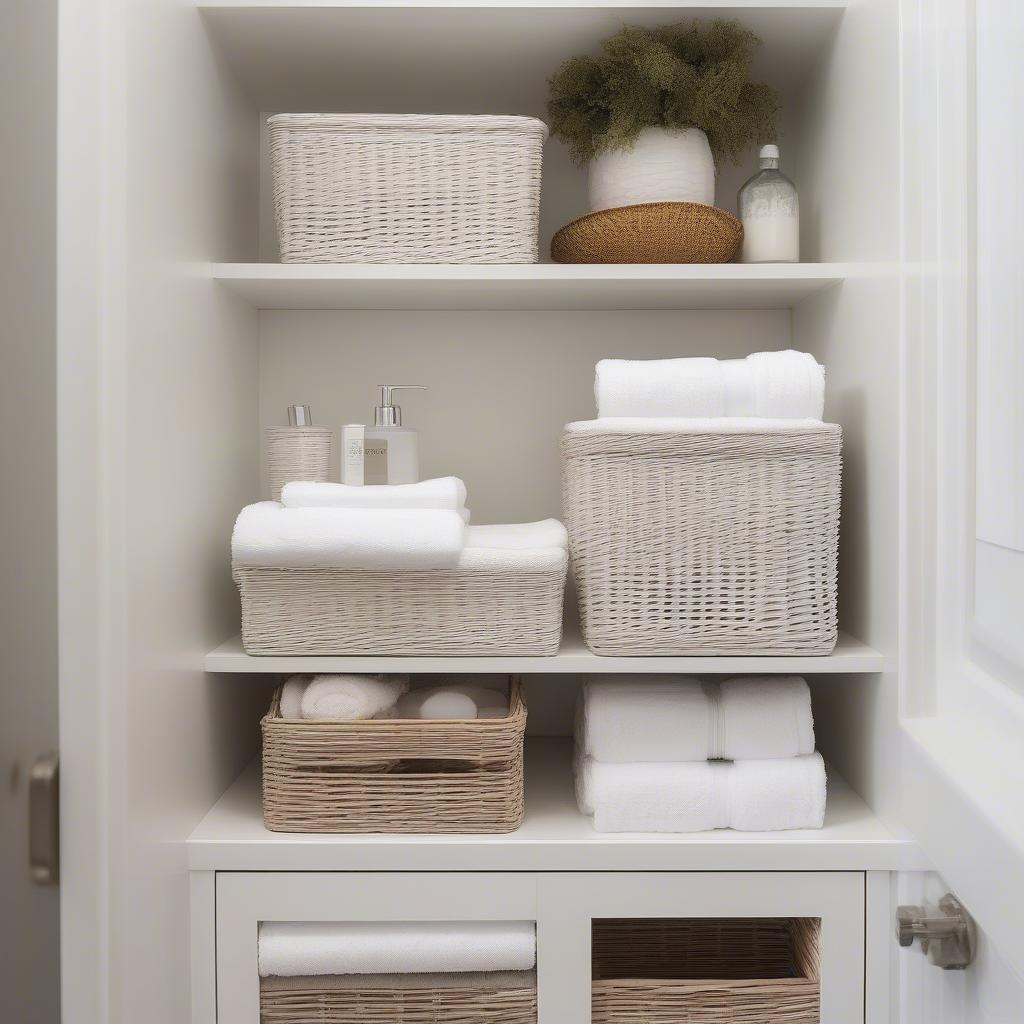 White wicker cube basket used for storage in a bathroom, showing its practical application.