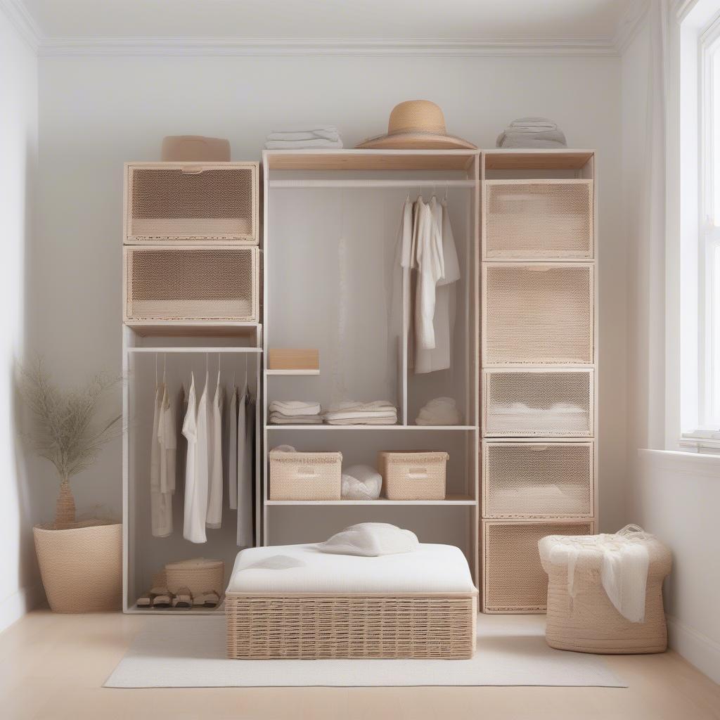 White wicker storage cubes used for organizing clothes in a bedroom