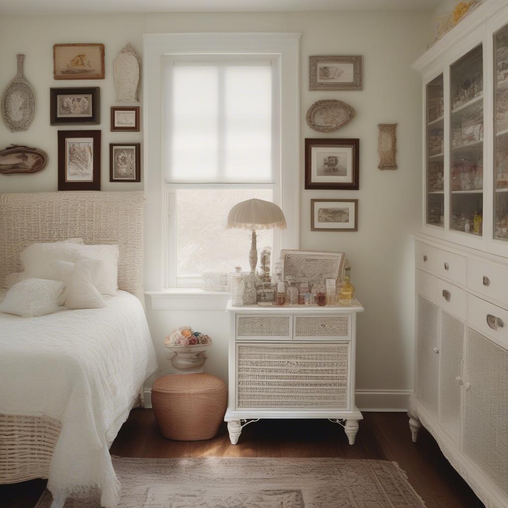 A white wicker curio cabinet placed in a cozy bedroom, adding a touch of elegance and storage space.