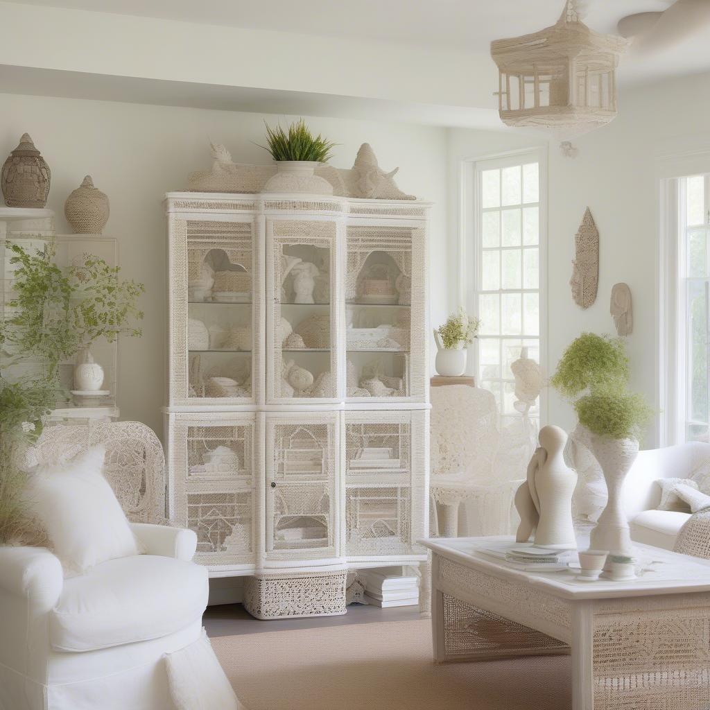 White wicker curio cabinet in a bright living room, showcasing various decorative items and adding a touch of elegance to the space.