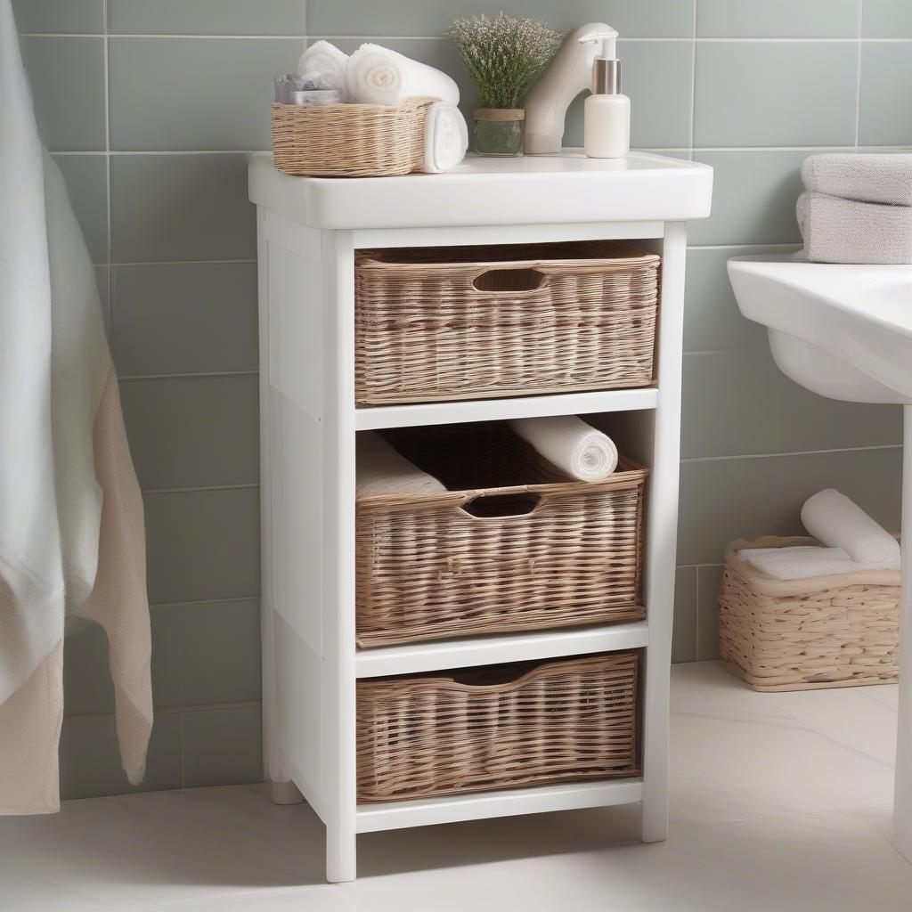 White wicker drawer storage unit in a bathroom