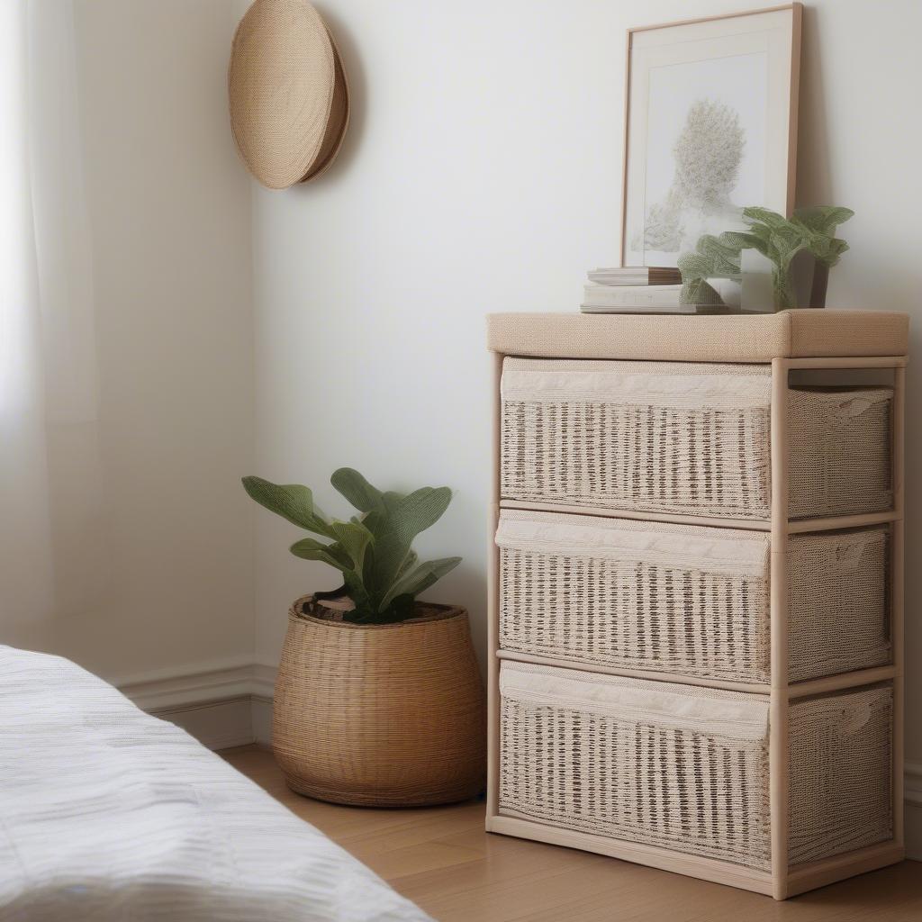 White wicker drawer storage unit in a bedroom setting