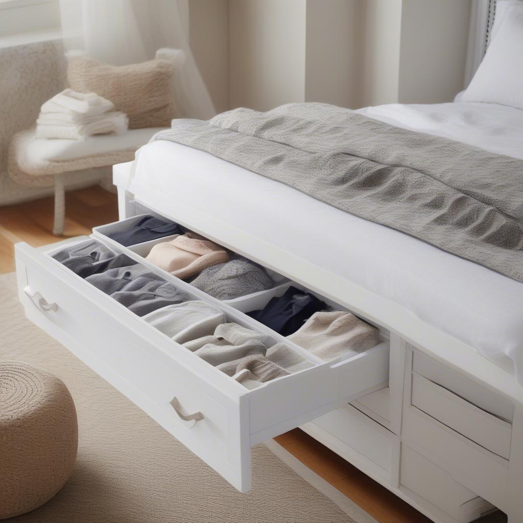 White wicker drawers in a bedroom, providing a clean and organized look for clothing and accessories.