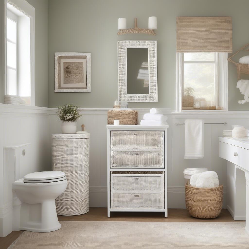 White wicker bathroom storage drawers alongside matching wicker baskets and a mirror with a wicker frame in a bathroom.