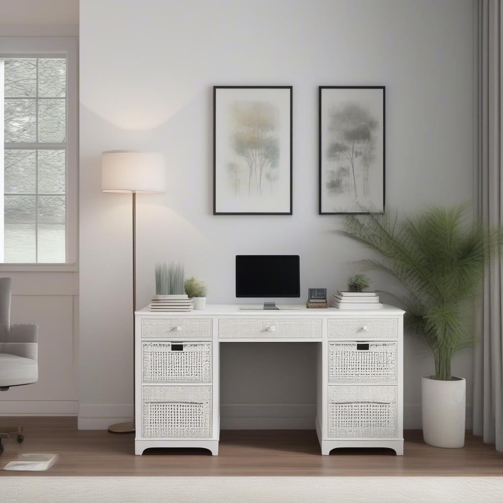 White Wicker File Cabinet in a Home Office