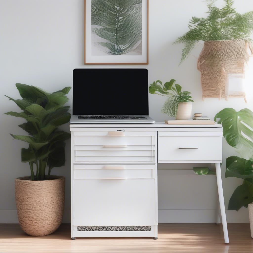 White wicker filing cabinet in a home office setting