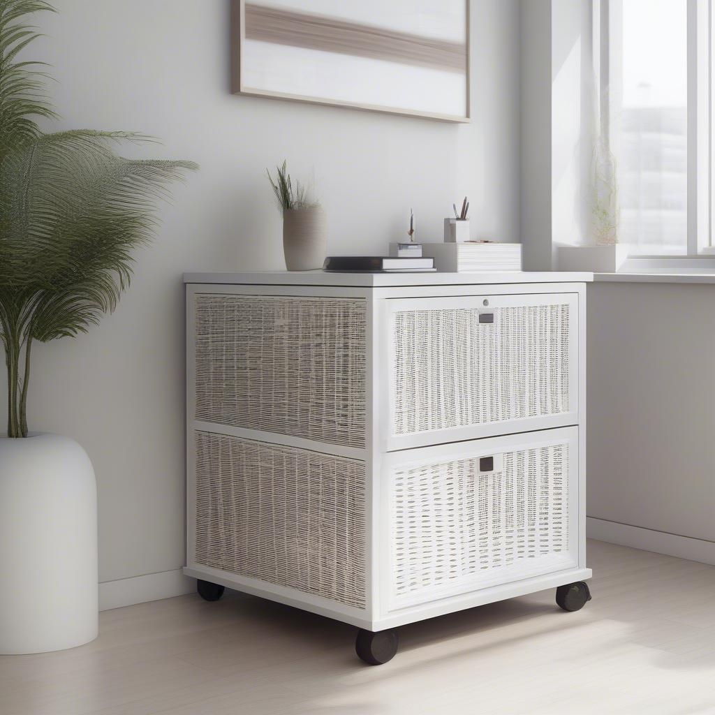 White wicker filing cabinet in a modern office