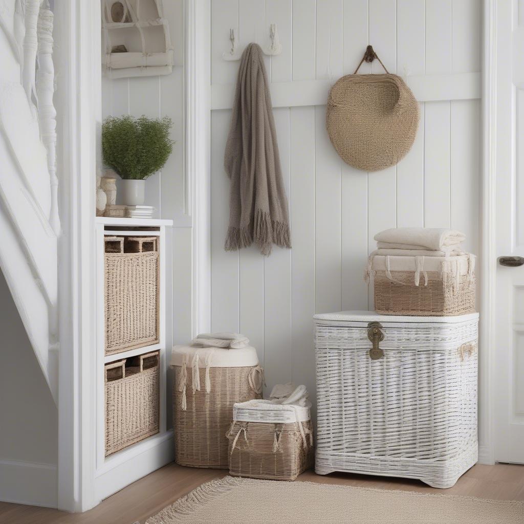 White wicker storage solutions for a bright and airy hallway