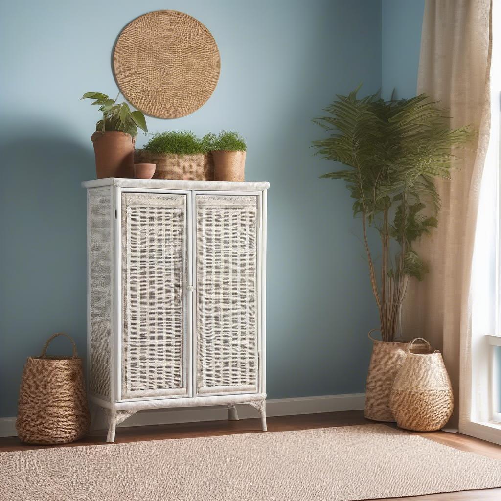 White Wicker Large Cabinet in a Living Room Setting