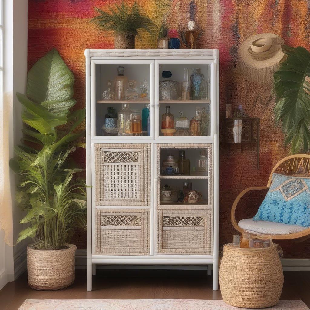 A white wicker liquor cabinet styled in a bohemian setting, showcasing eclectic décor and vibrant colors.