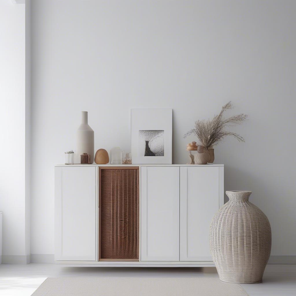 A sleek white wicker liquor cabinet in a modern, minimalist setting, highlighting its clean lines and simple design.