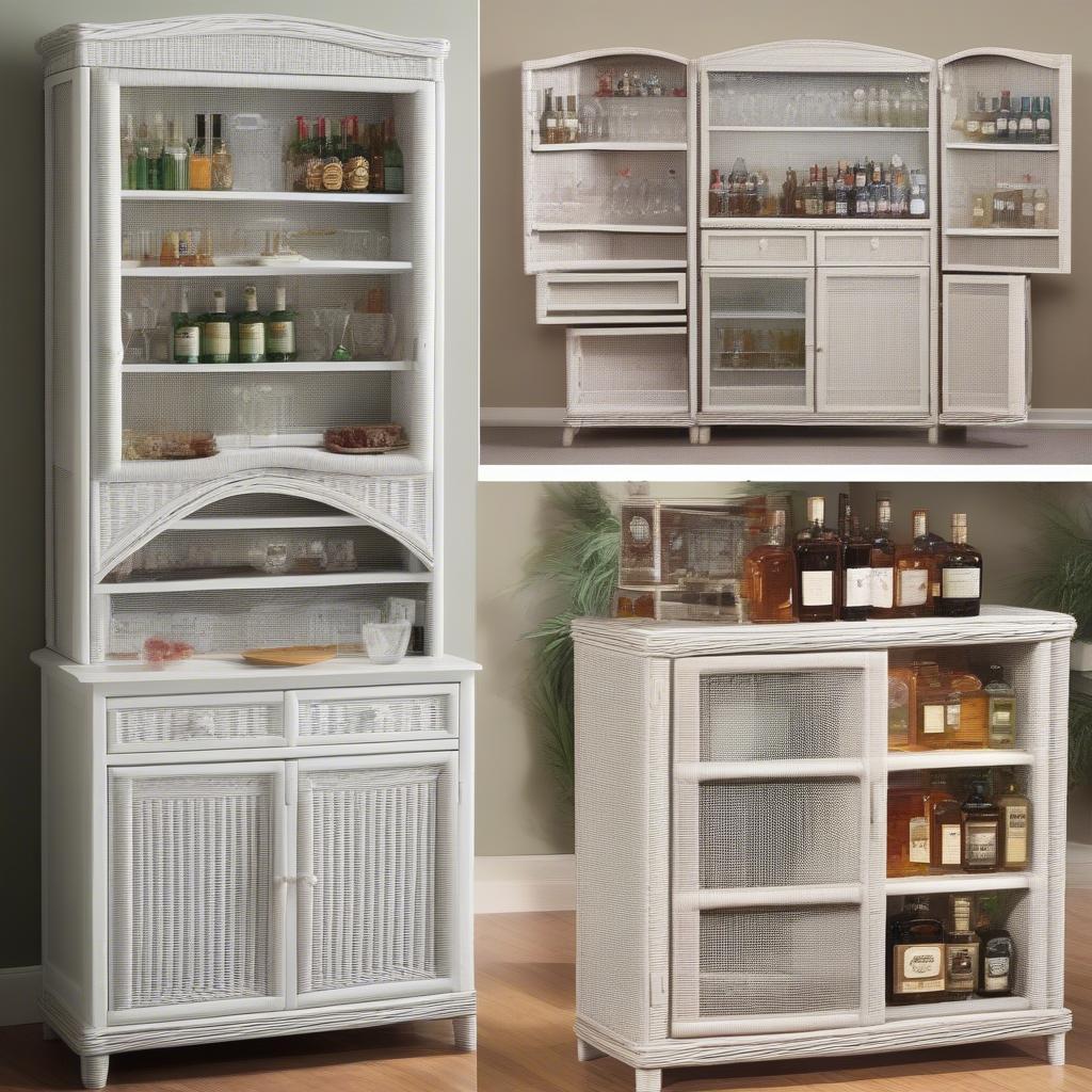 White wicker liquor cabinets in various sizes, showcasing different storage capacities.