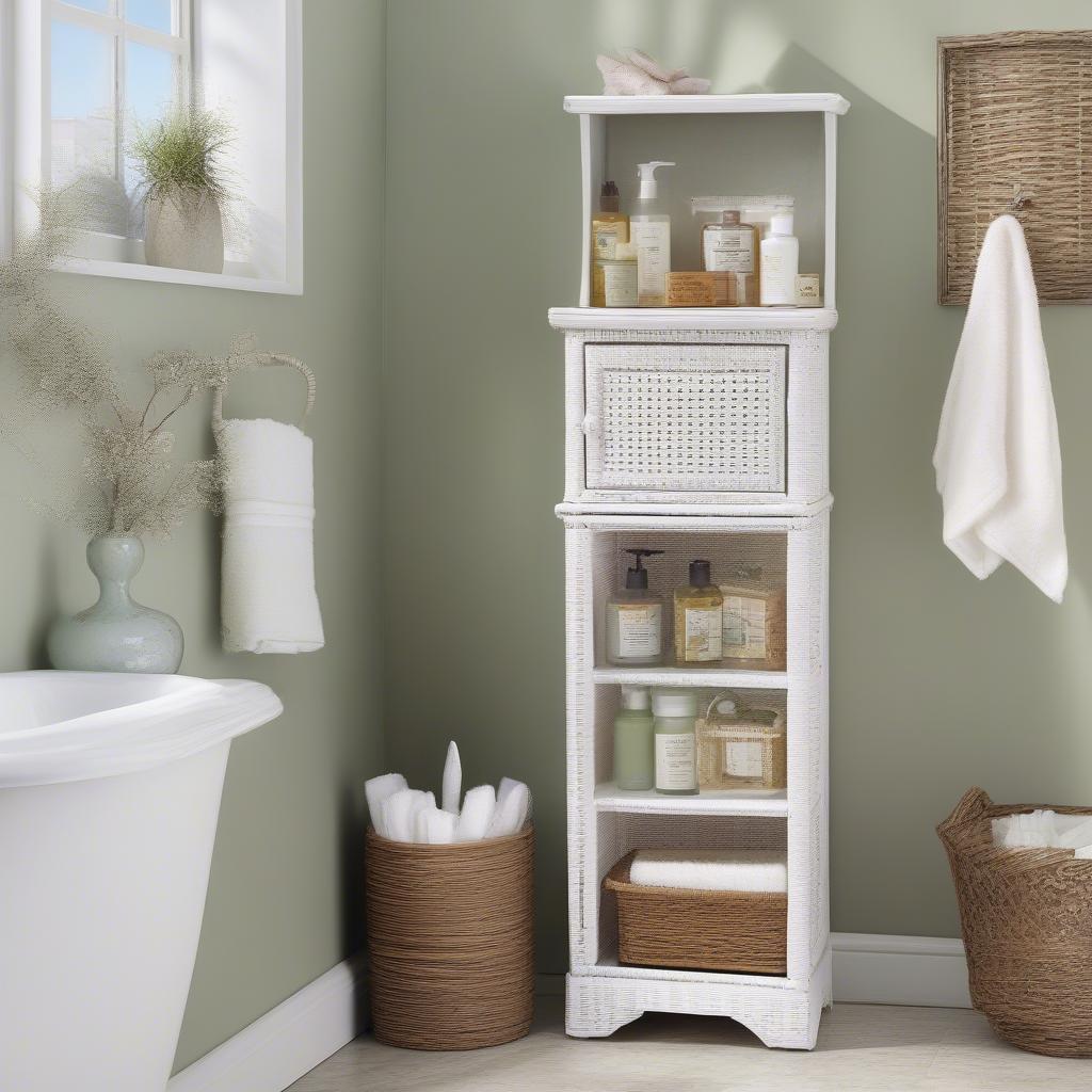 White wicker medicine cabinet providing stylish storage in a bathroom.