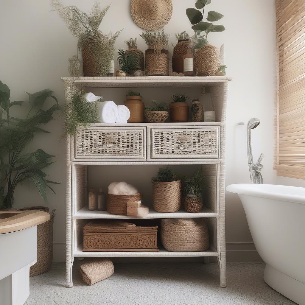 White wicker medicine cabinet in a bohemian bathroom.