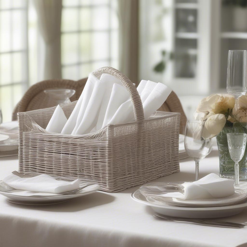 White wicker napkin holder elegantly placed on a dining table with napkins and cutlery.