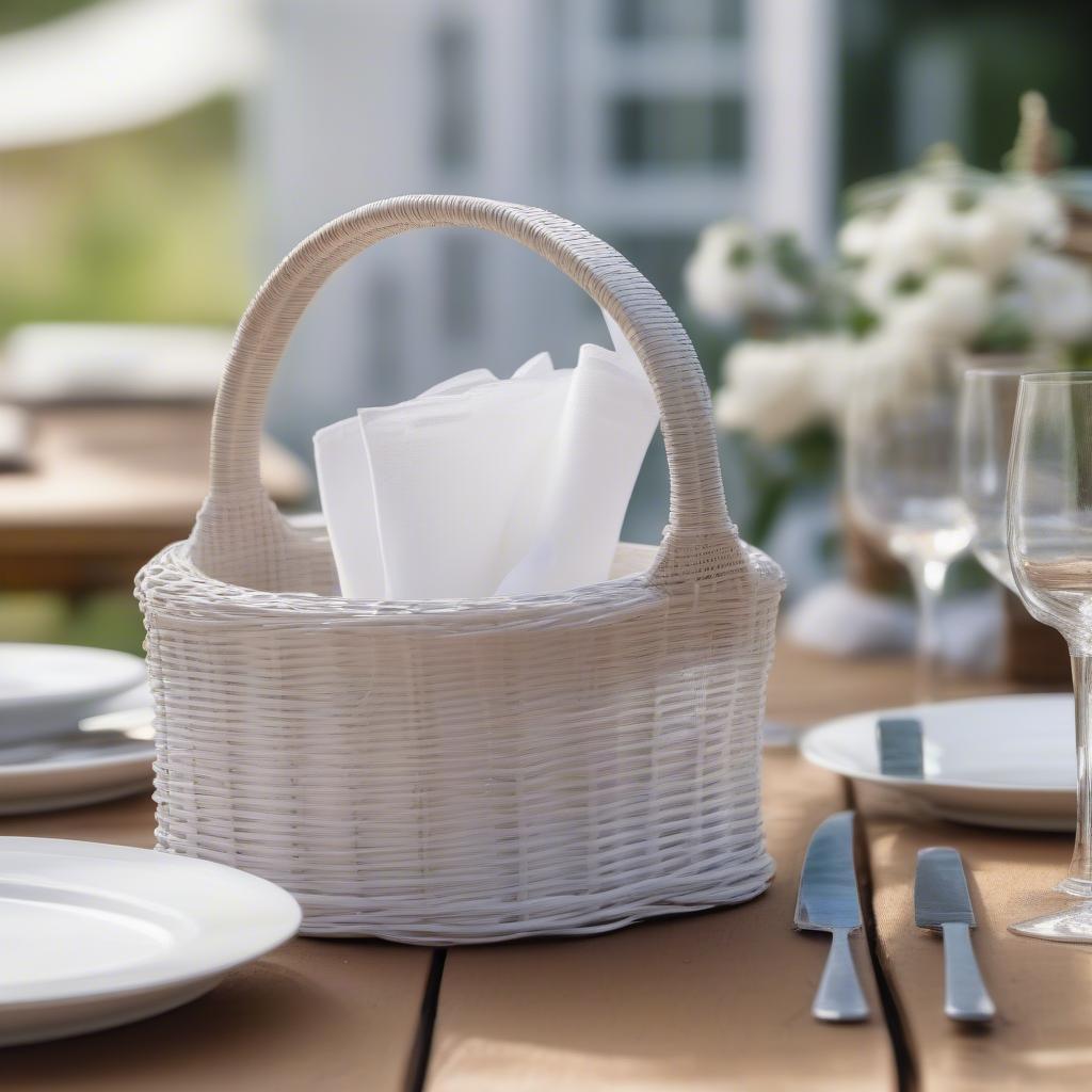 A white wicker napkin holder used in an outdoor table setting, surrounded by greenery and natural elements.