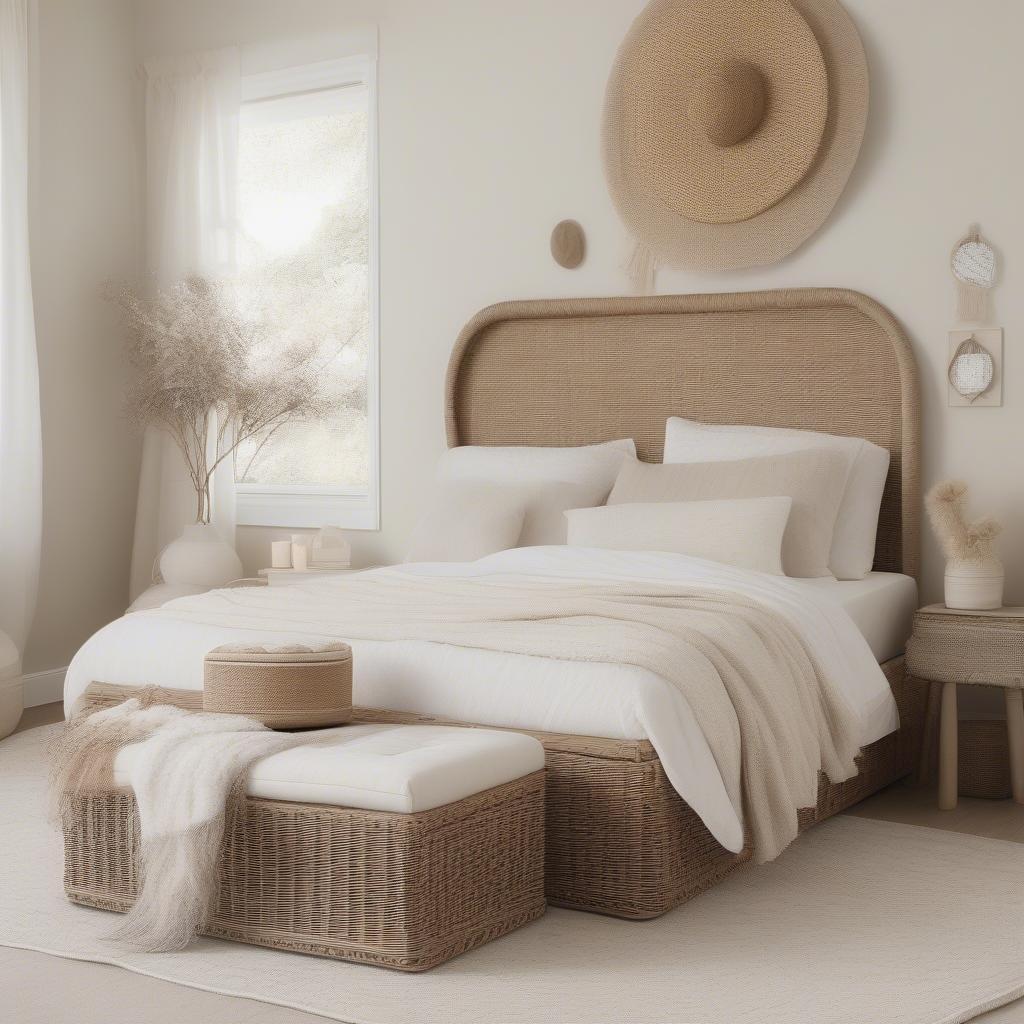 White wicker ottoman in a bedroom