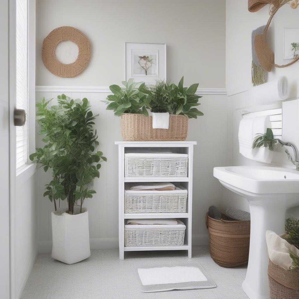 White wicker over the toilet cabinet in a stylish bathroom setting