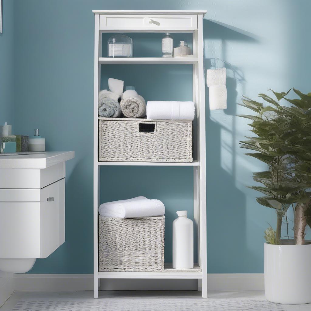 White wicker over the toilet storage unit with open shelves and a closed cabinet