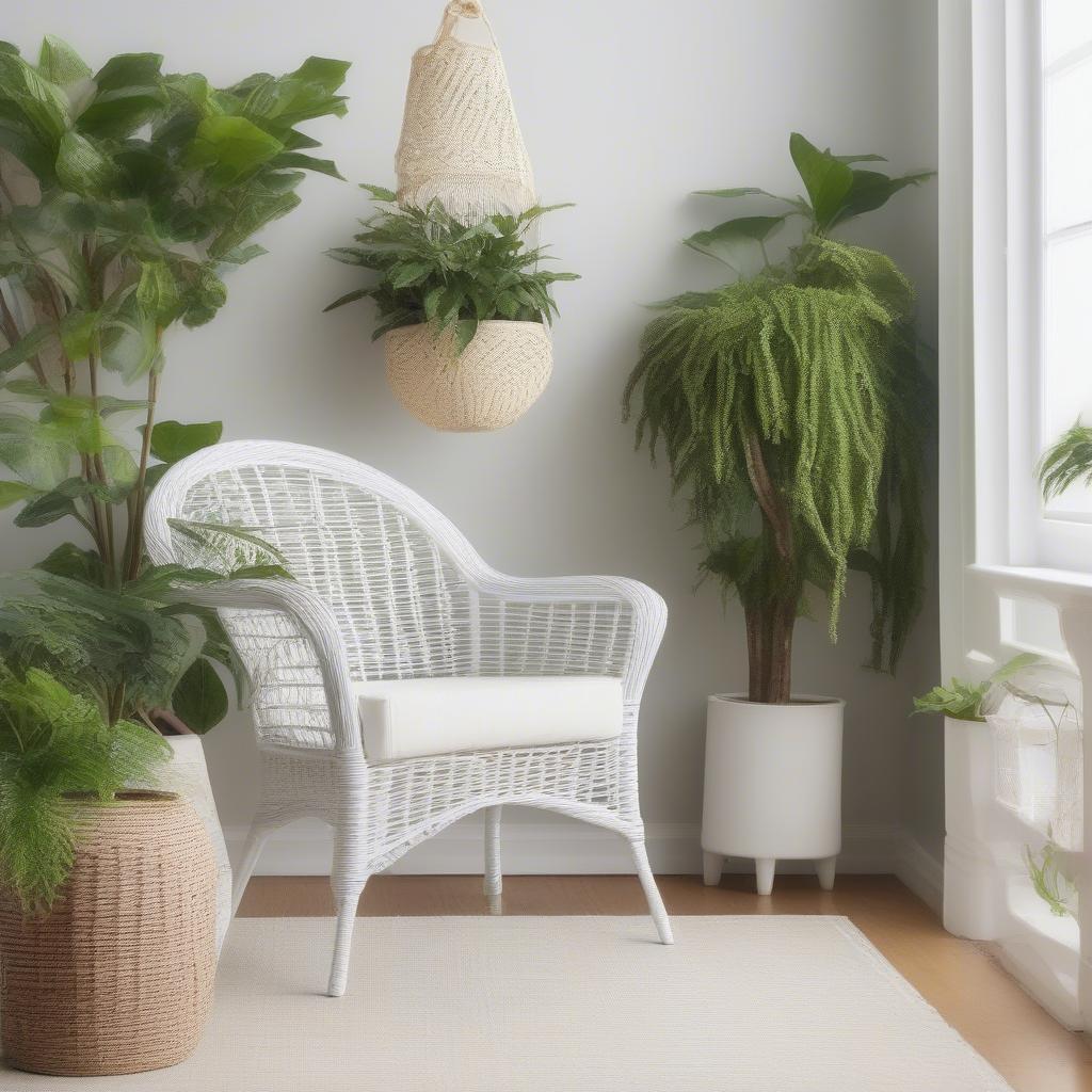 A white wicker plant holder with a trailing plant in a living room setting