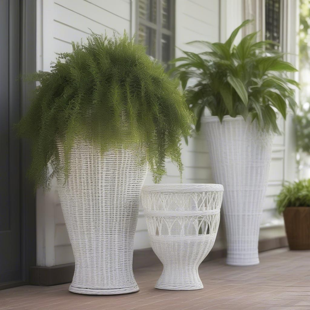 Various white wicker plant holders displayed in different settings