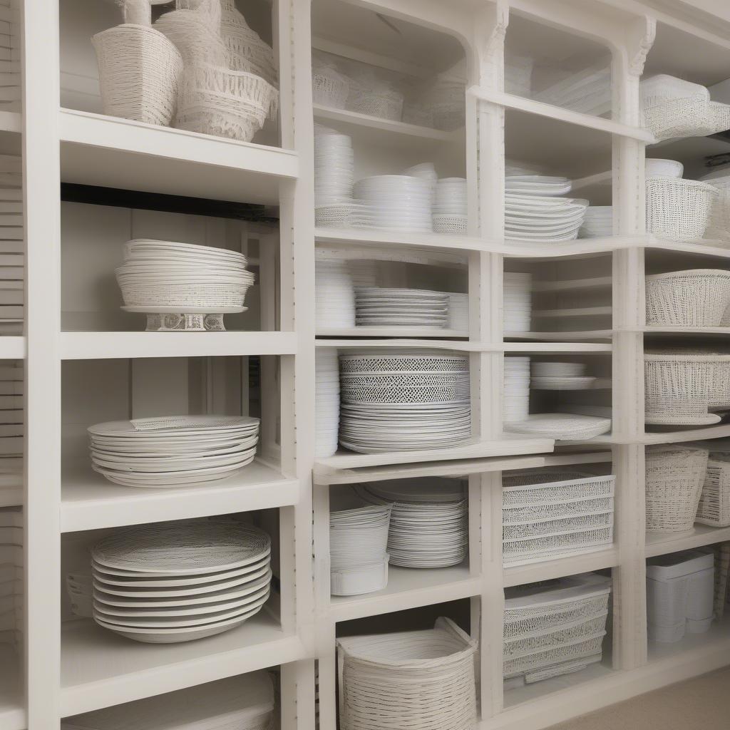 Storing White Wicker Plate Holders