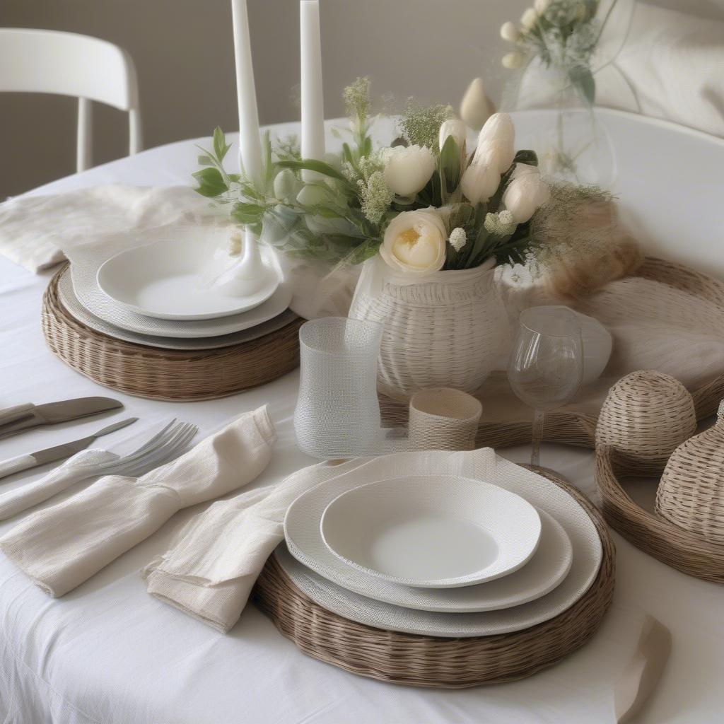 White Wicker Plate Holders in a Table Setting