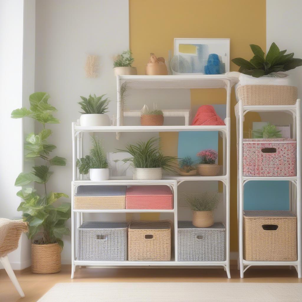 White wicker shelving unit in a bright living room with colorful storage boxes.