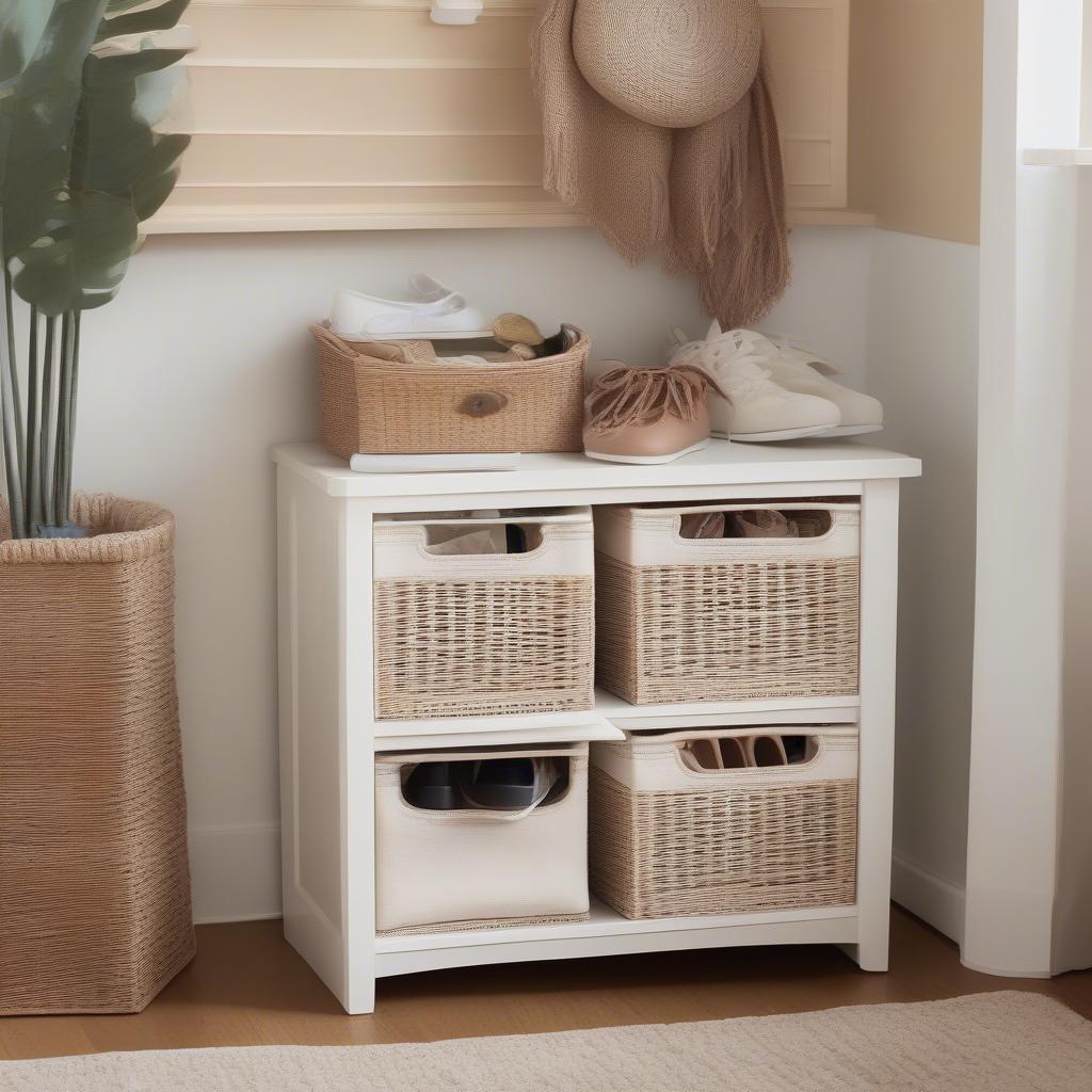 White wicker shoe cabinet in a bedroom