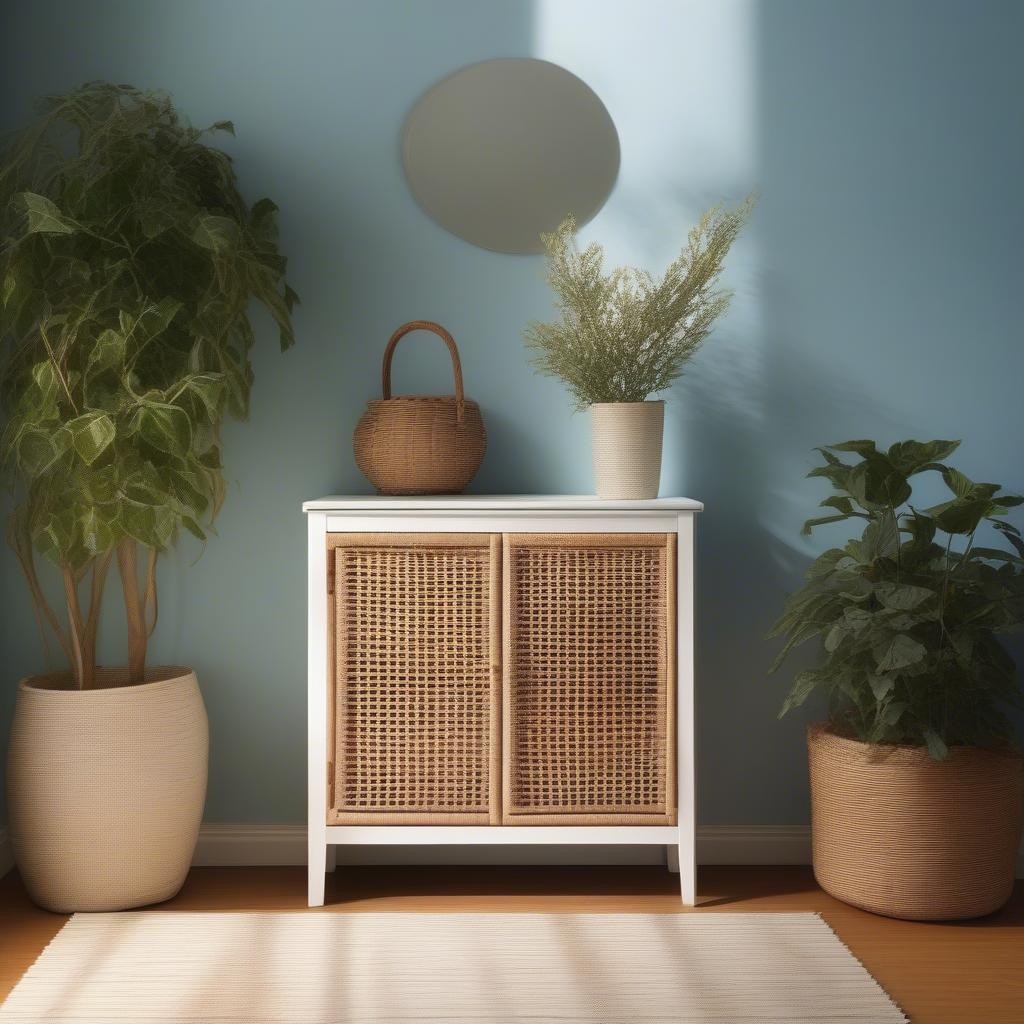 White wicker shoe cabinet in a hallway setting