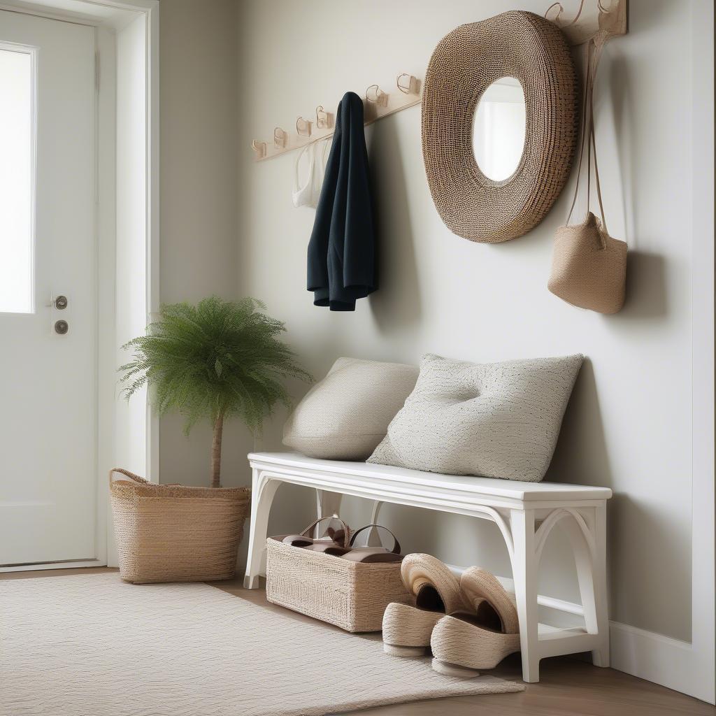 White wicker shoe storage in an entryway