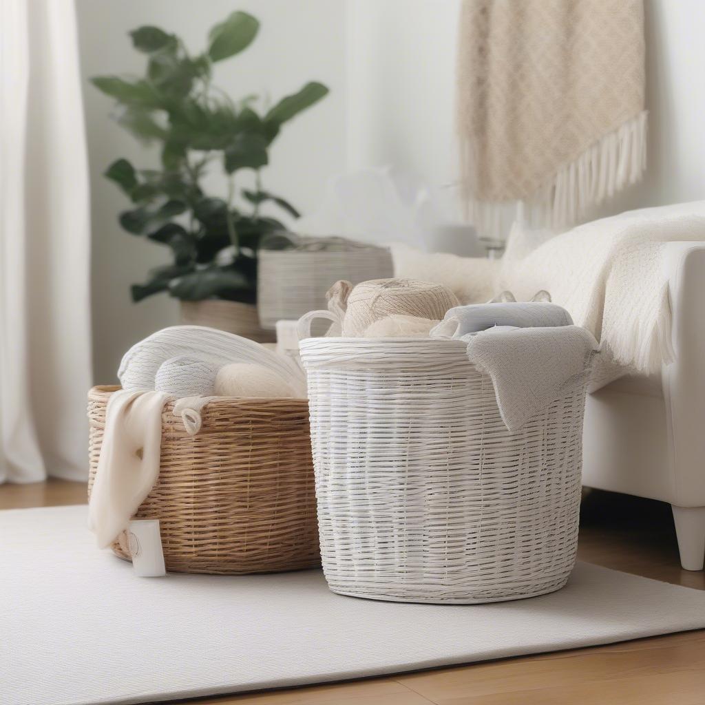 White Wicker Storage Baskets Lined in a Living Room Setting