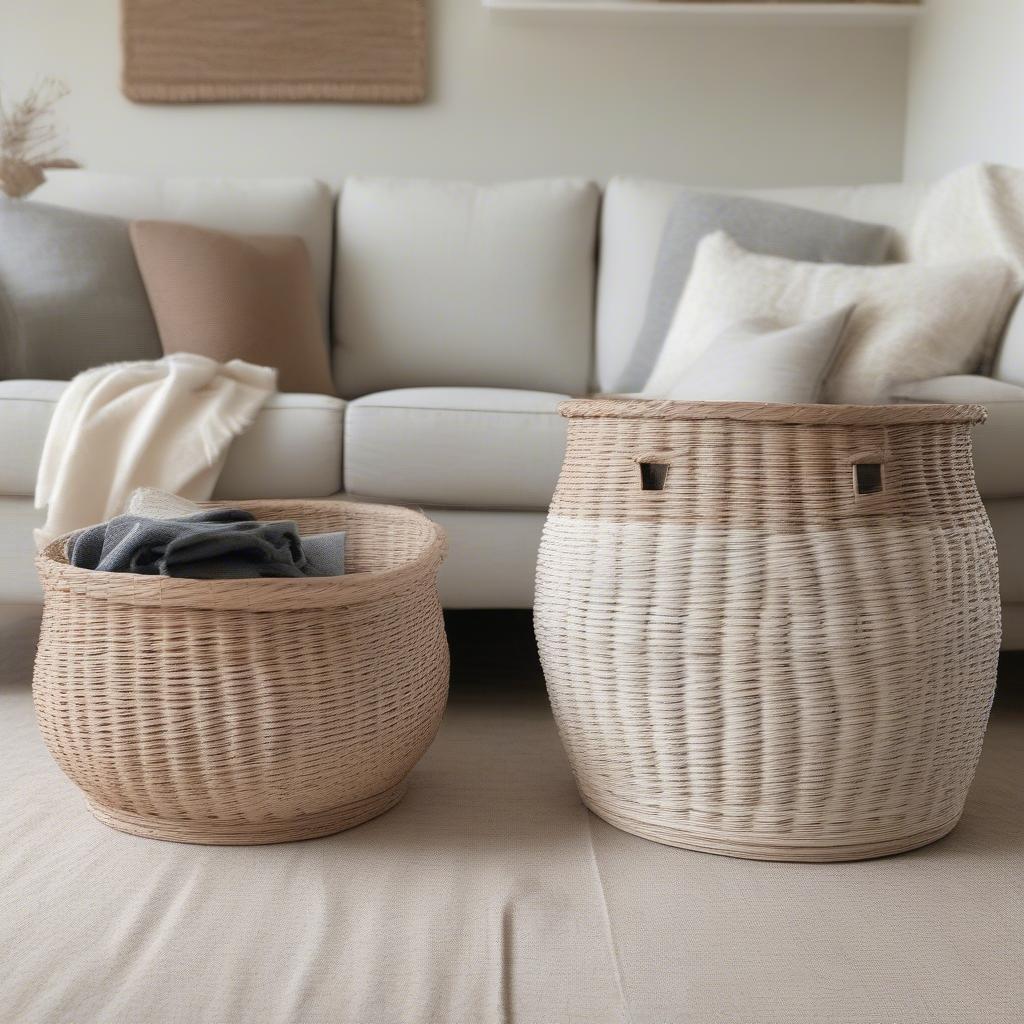 White wicker storage baskets in a living room setting