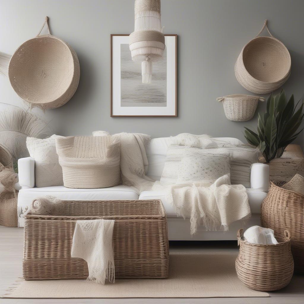 White wicker storage baskets in a living room setting