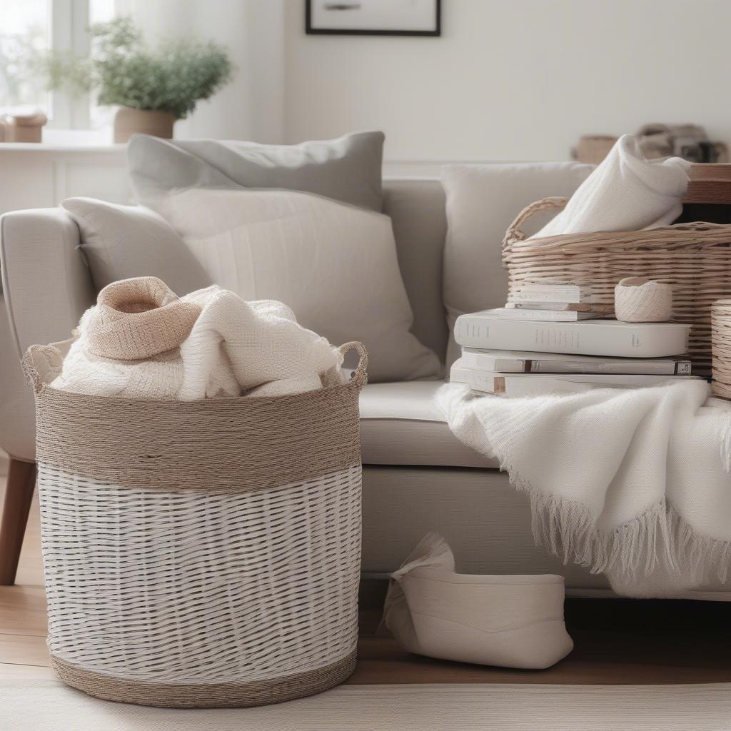 White wicker storage baskets with lids in a living room setting