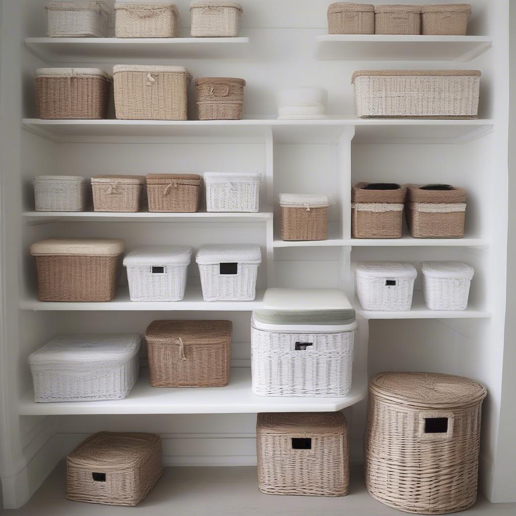 White wicker storage baskets with various sizes, shapes, and lid designs.